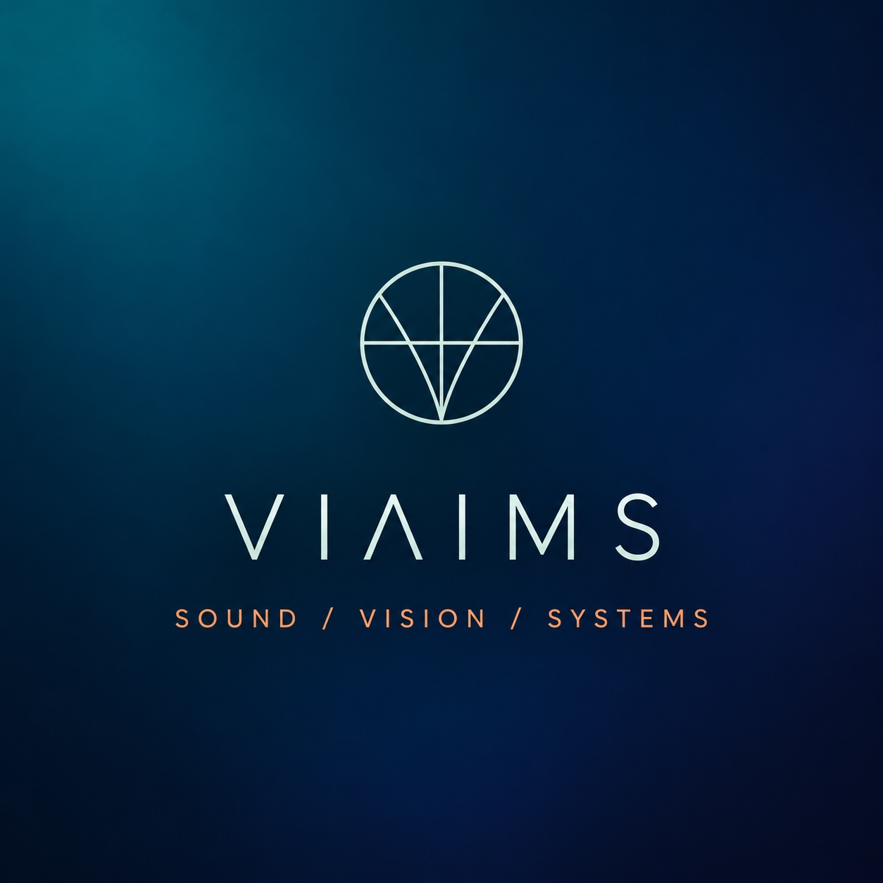 VIAIMS emblem and wordmark in pale mint over petrol blue, with the copper tagline Sound / Vision / Systems