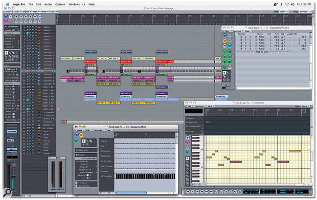 Apple Logic Pro 7 grey arrangement workspace with tracks and multiple editor windows