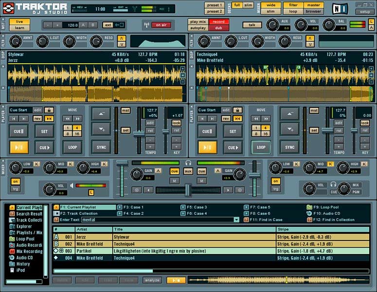 Traktor DJ Studio 2 with green modular decks, mixer, filter and loop panels
