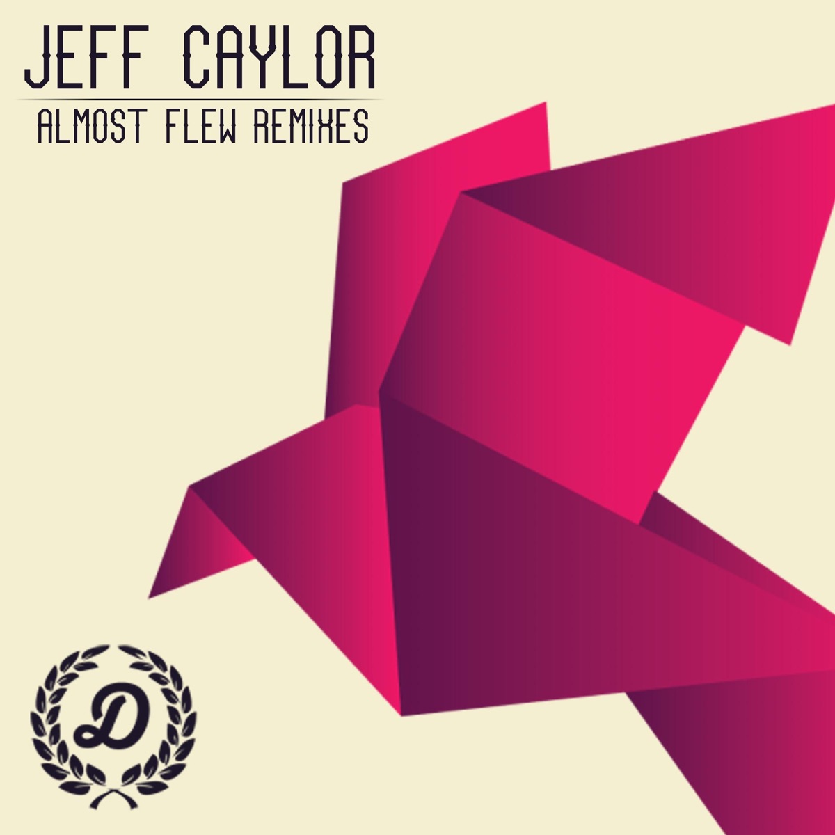 Jeff Caylor Almost Flew Remixes cover with black lettering and a magenta angular bird on a cream background.
