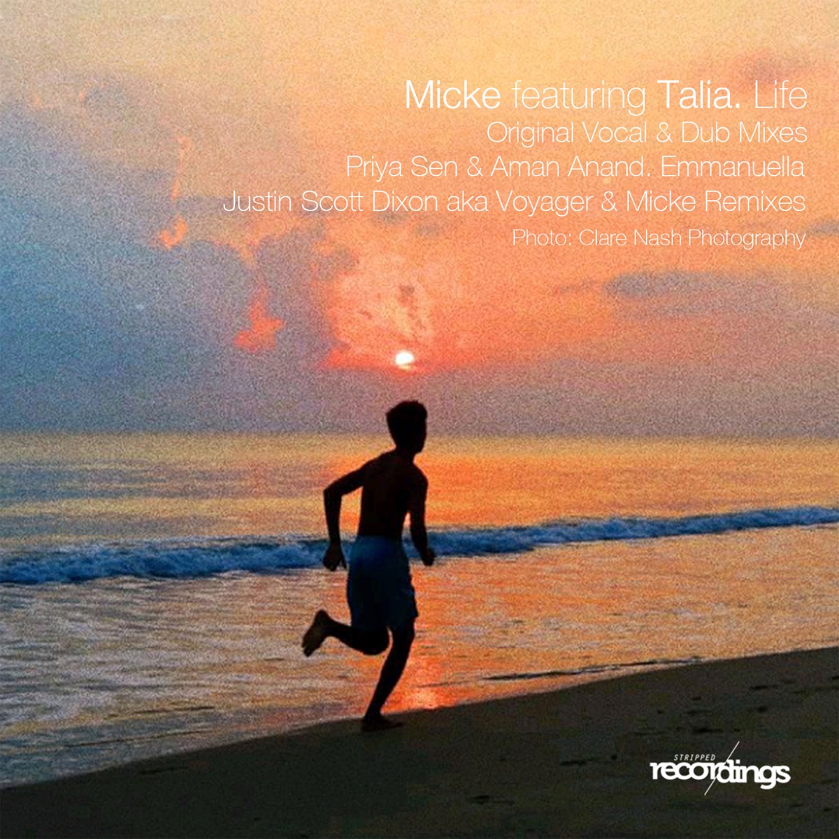 Micke featuring Talia Life artwork showing a runner silhouetted on a beach at sunset, with the remix credits and Stripped Recordings logo.