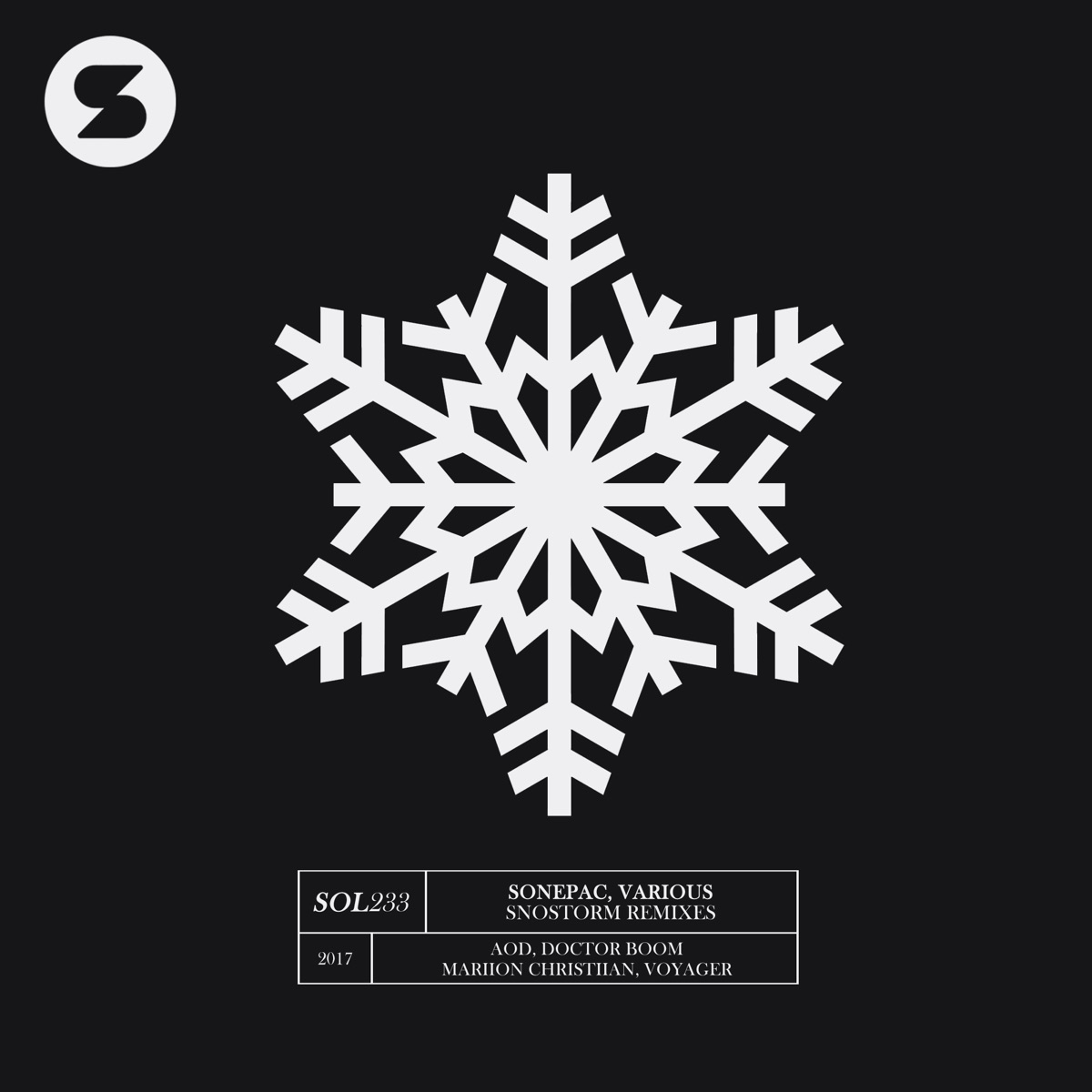 Black Snostorm Remixes cover with a large white snowflake, Del Sol logo and the SOL233 release details.