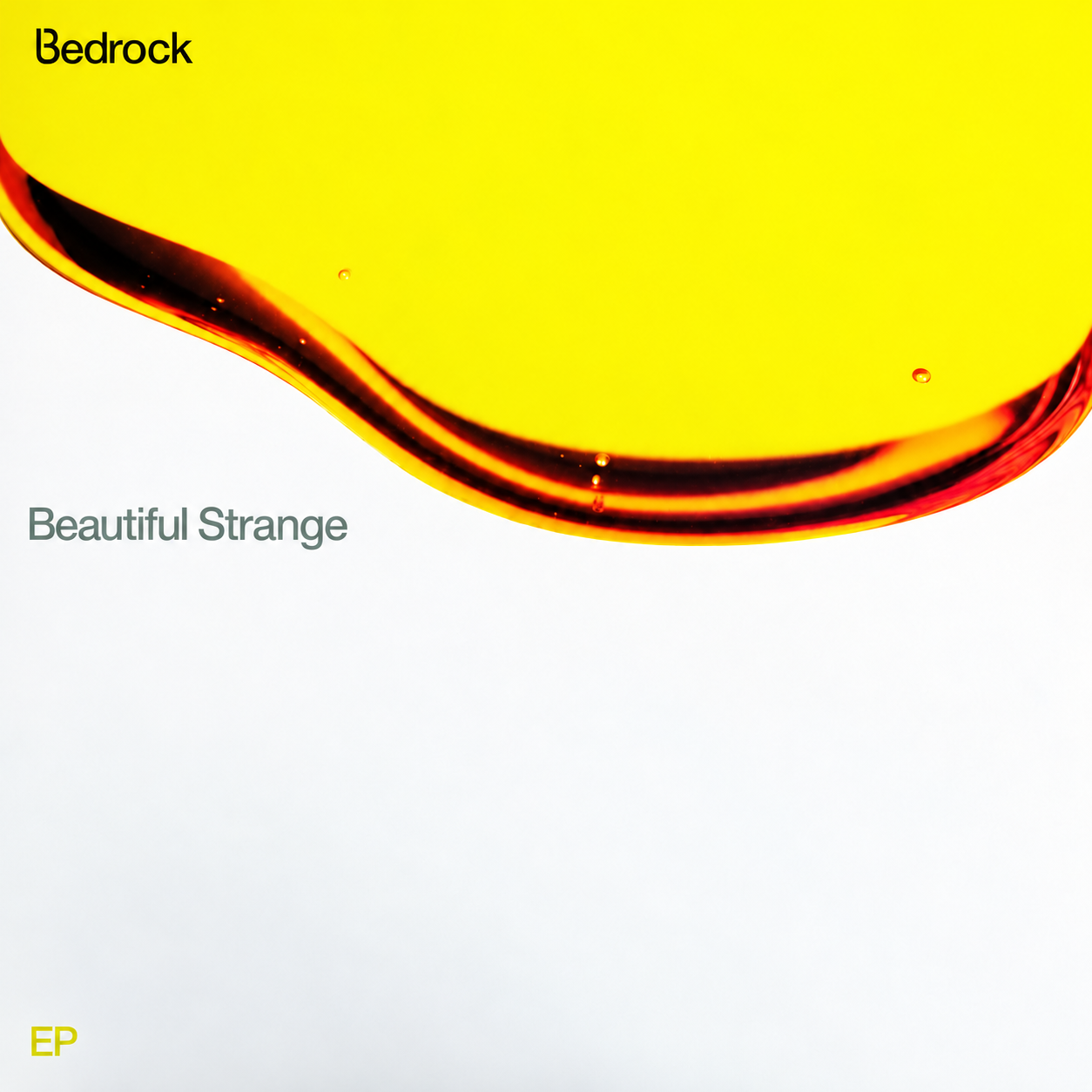 Restored Bedrock Beautiful Strange retail EP front cover with a yellow liquid shape, curved amber and black rim, pale lower field and EP lettering.