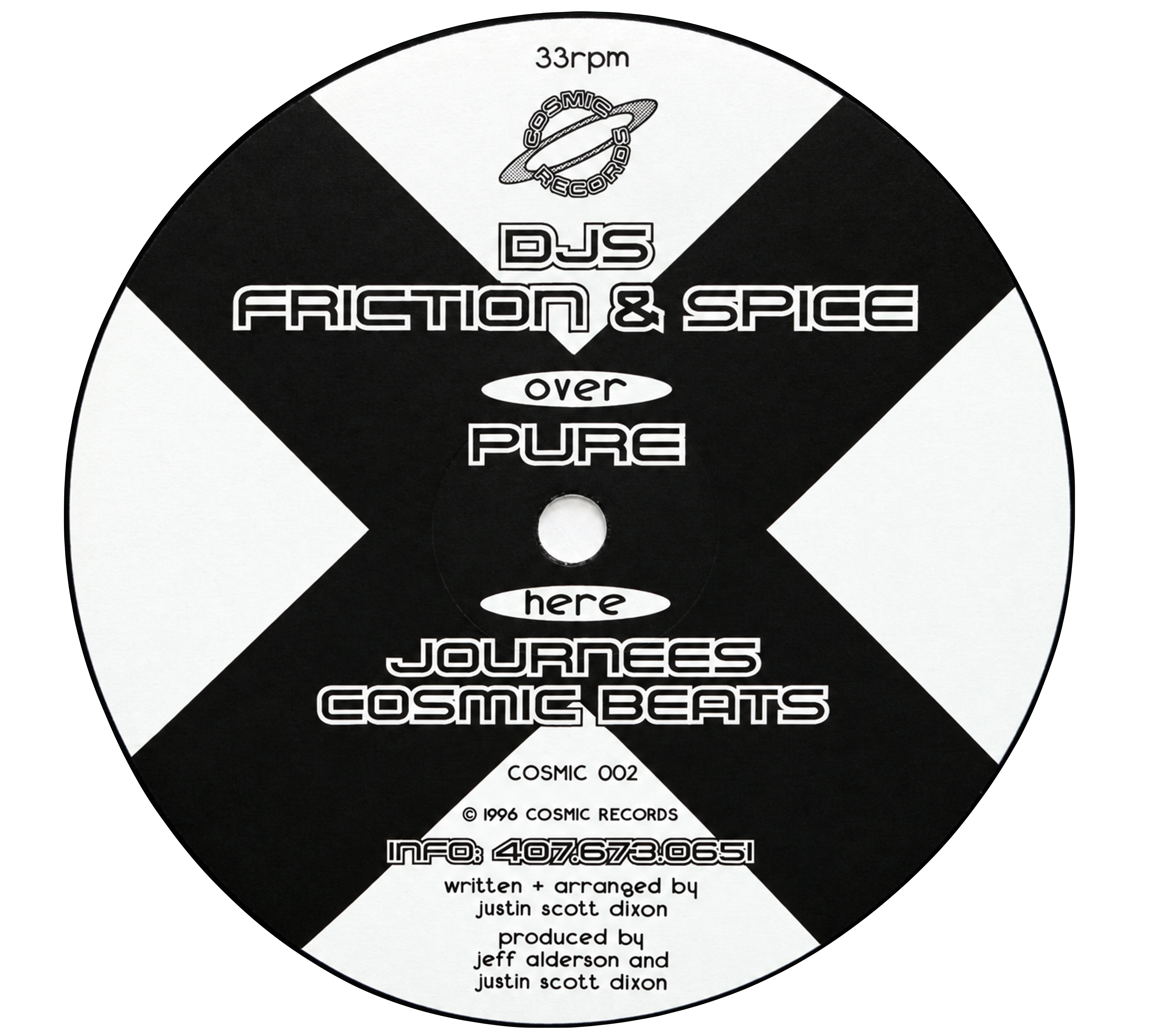 DJ’s Friction & Spice — Pure / Journees: complete Cosmic 002 information label.