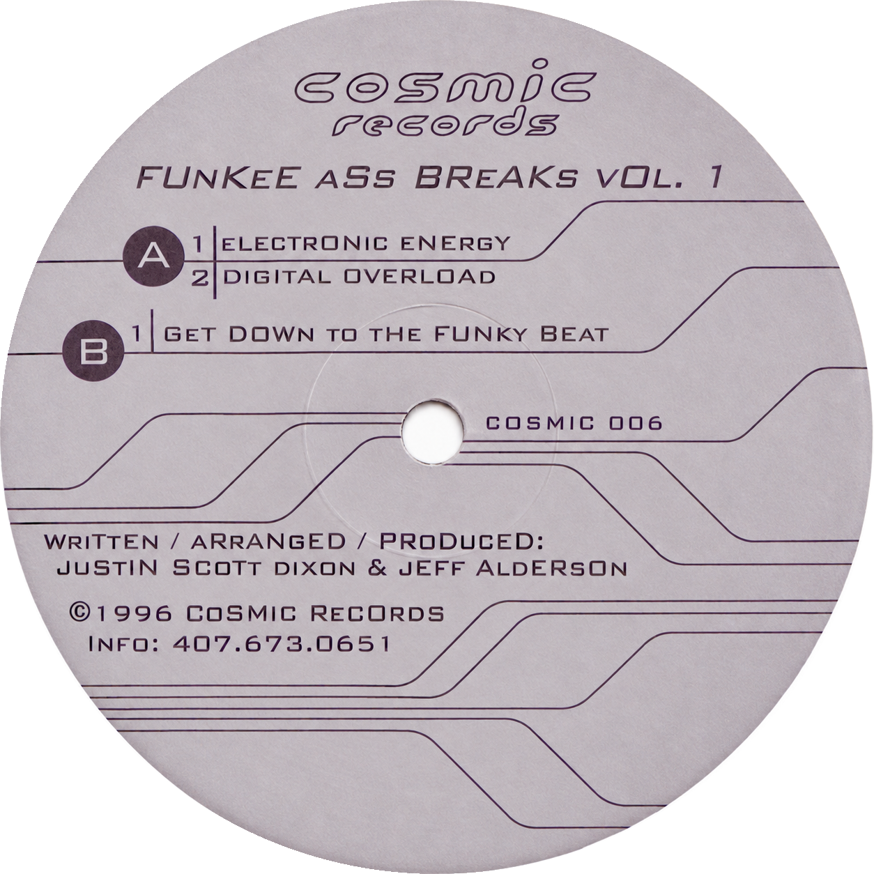 DJ’s Friction & Spice — Funkee Ass Breaks Vol. 1: complete Cosmic 006 information label.