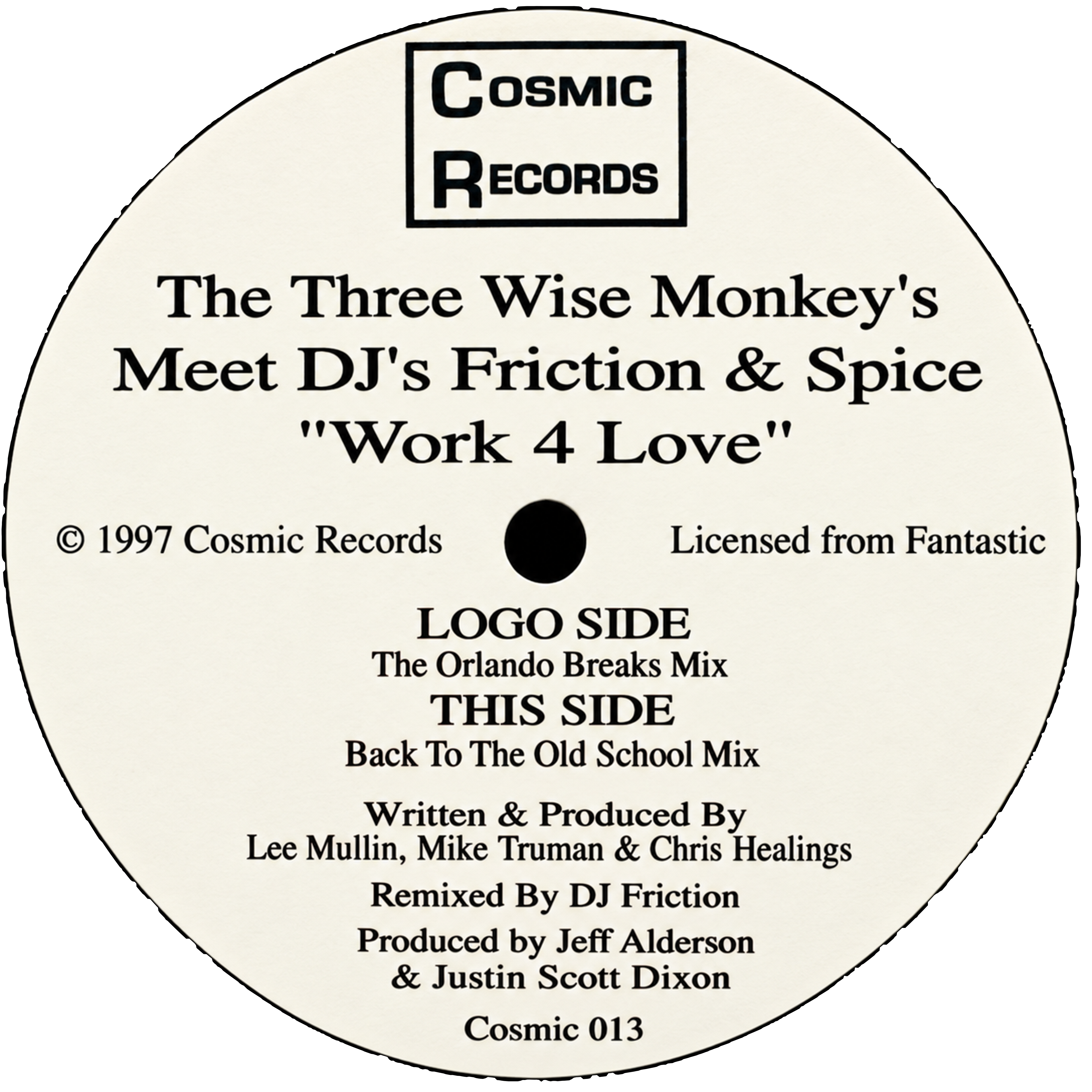 Three Wise Monkeys Meet DJ’s Friction & Spice — Work 4 Love: complete Cosmic 013 information label.