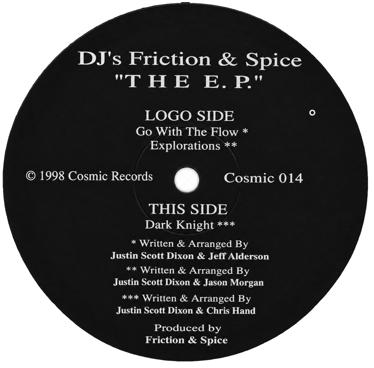 DJ’s Friction & Spice — The E.P.: complete Cosmic 014 information label.