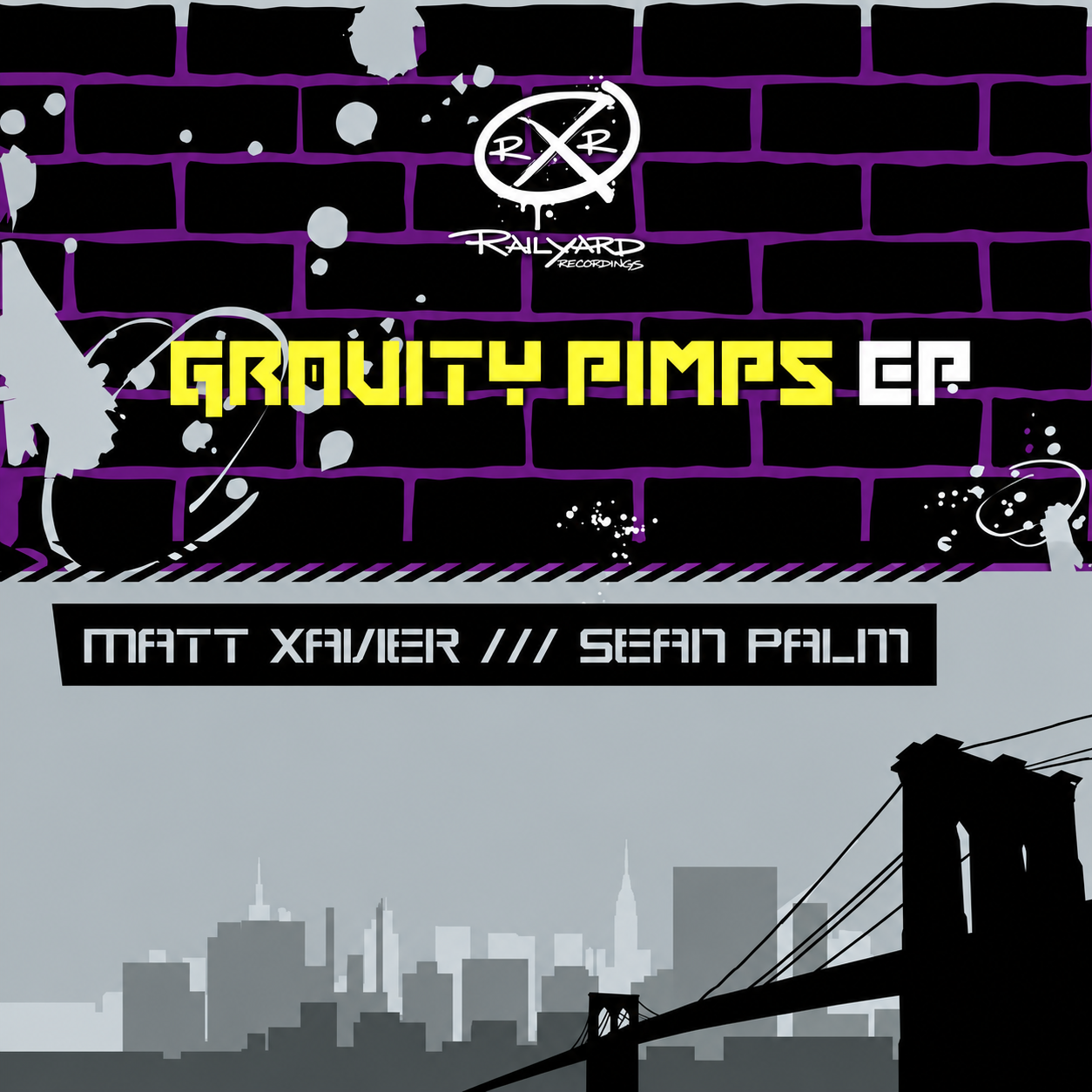 Matt Xavier and Sean Palm — Gravity Pimps E.P. restored cover with purple brickwork and New York skyline.