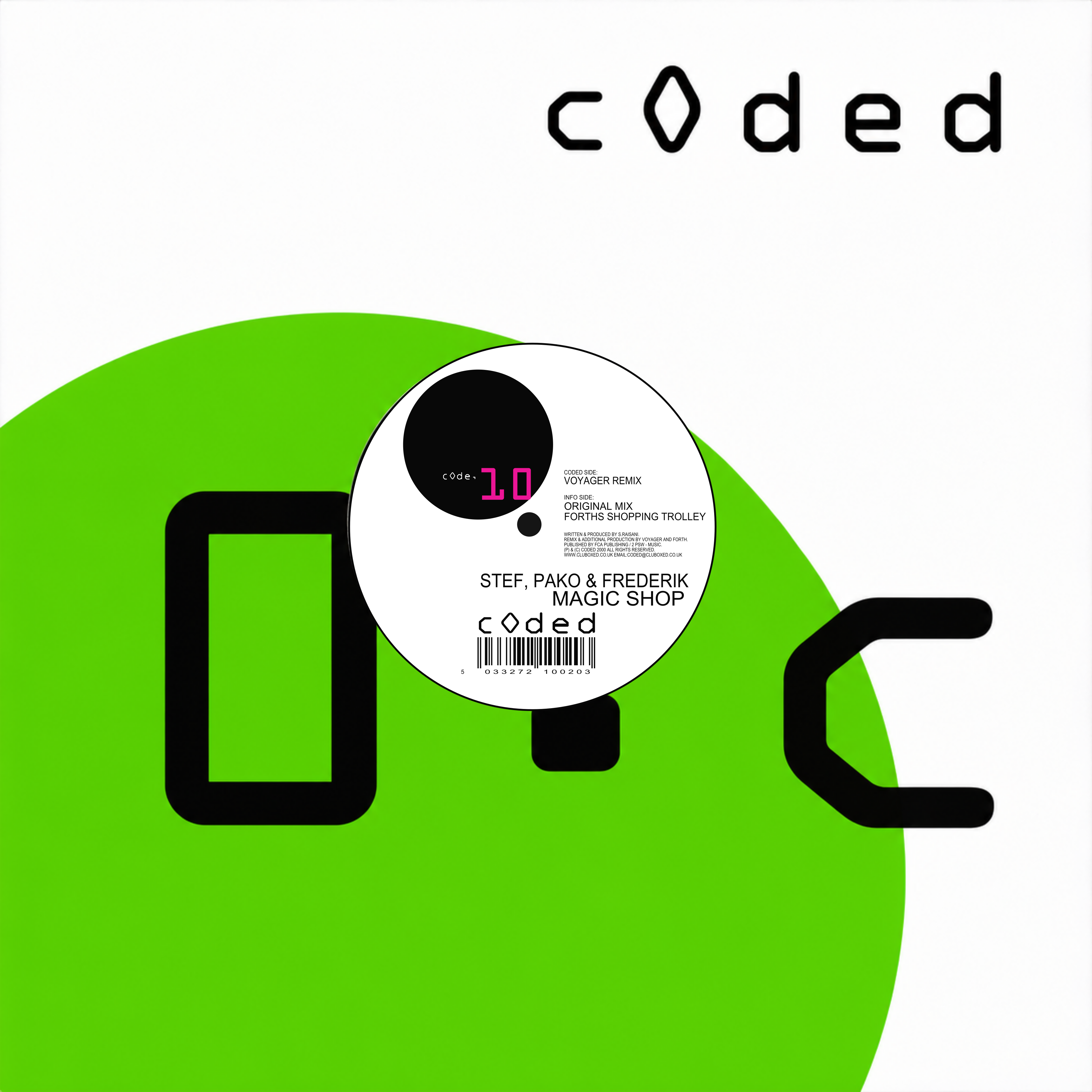 Restored Magic Shop CODE10 retail cover: white and bright green sleeve with black Coded graphics, magenta 10 and a precisely reconstructed information label.