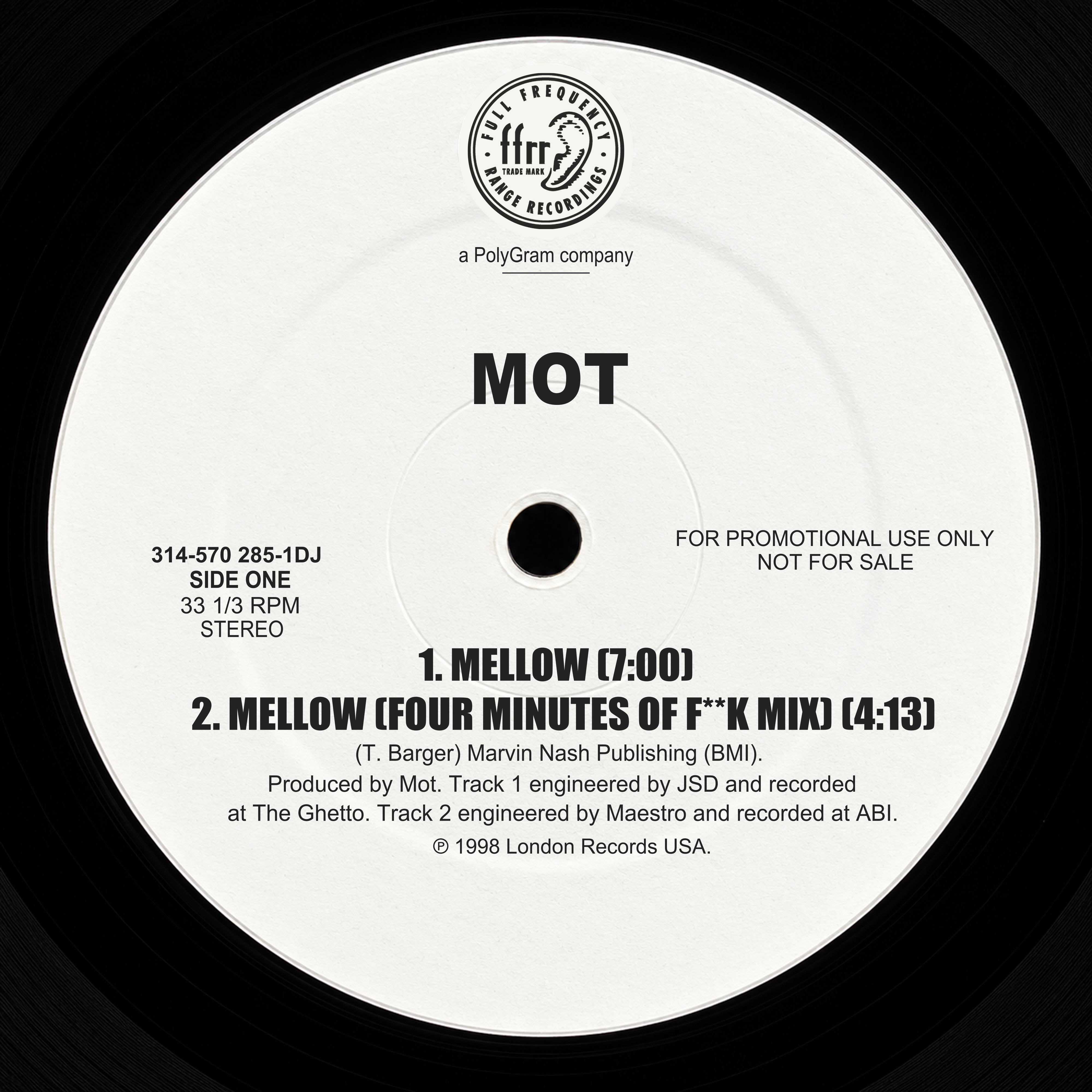 MOT — Mellow restored FFRR promotional record label with track titles and production credits.