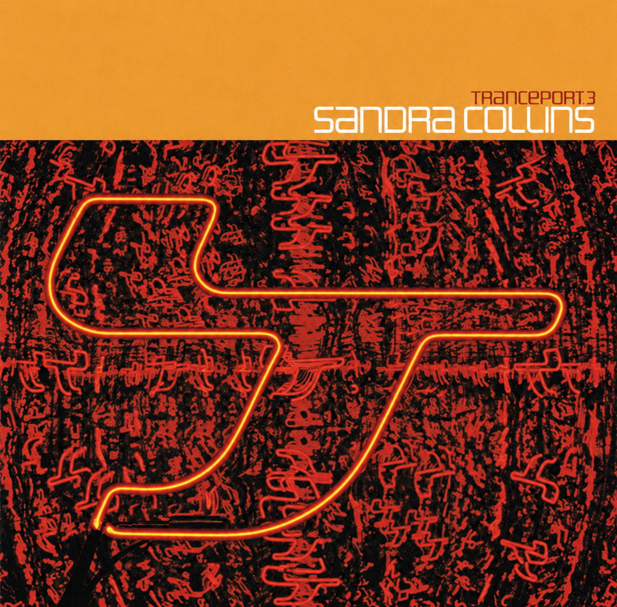 Restored orange and black Sandra Collins Tranceport.3 CD cover with red outlined emblem.
