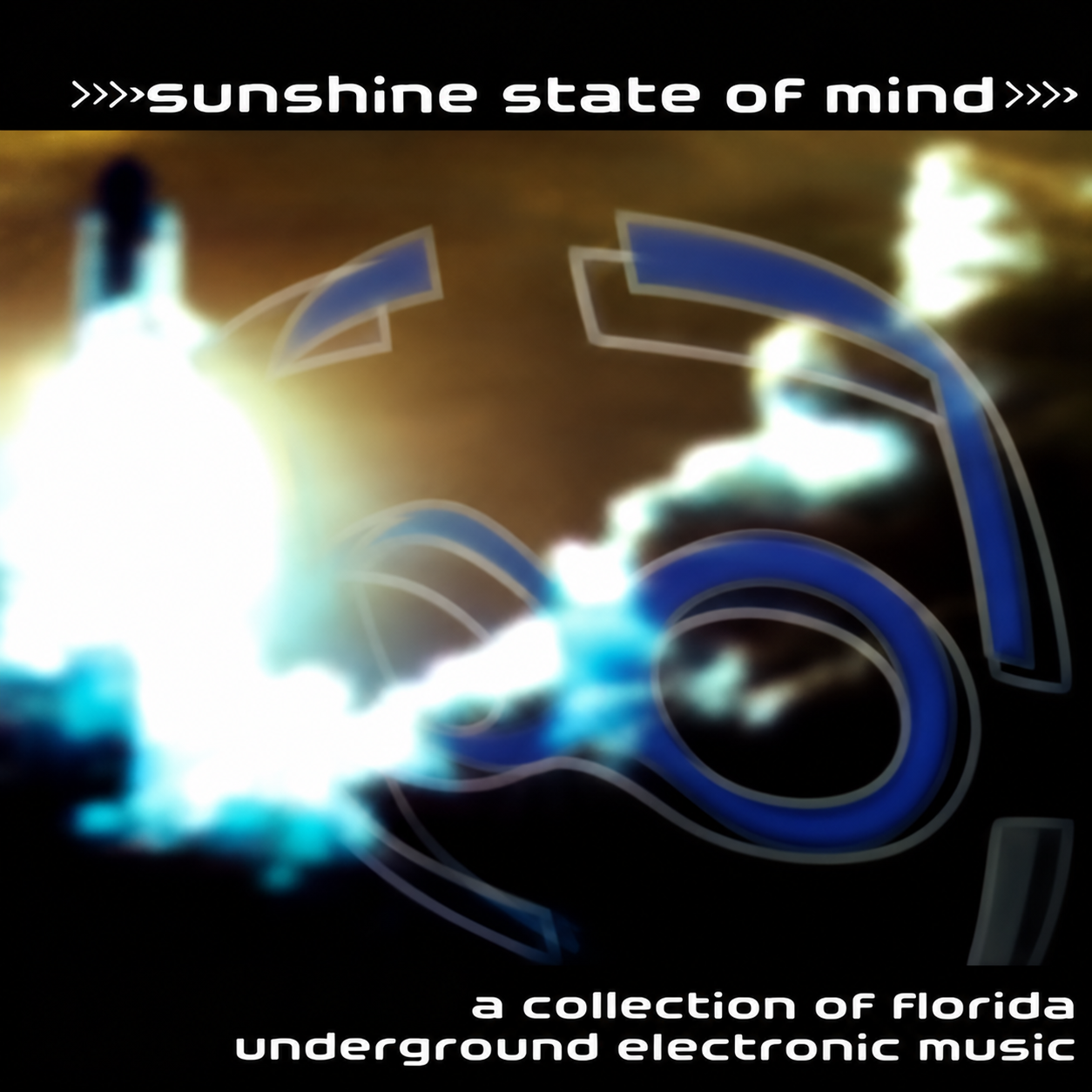 Sunshine State of Mind full-compilation cover with white lettering, abstract cyan-white light and blue curved shapes on a dark background.
